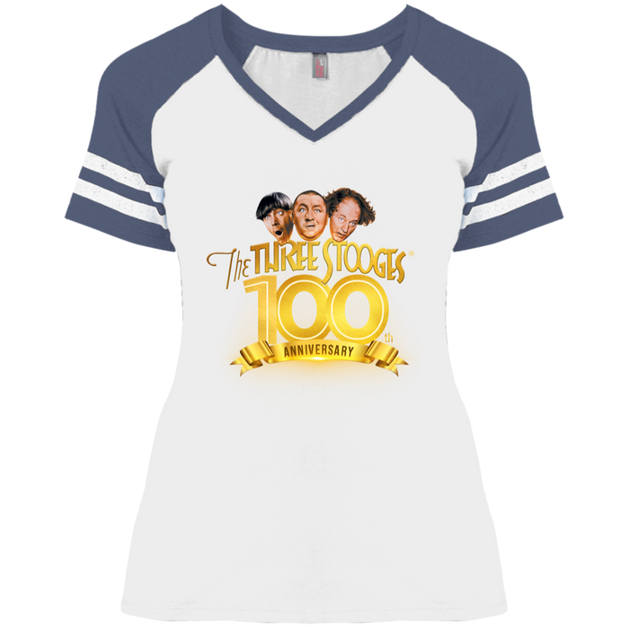 Three Stooges 100th Anniversary Ladies' Game V-Neck T-Shirt