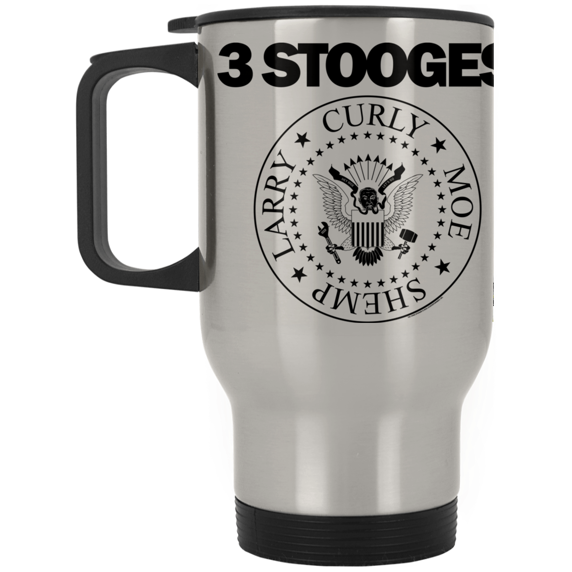 Three Stooges Podium Logo Silver Stainless Travel Mug — The Three