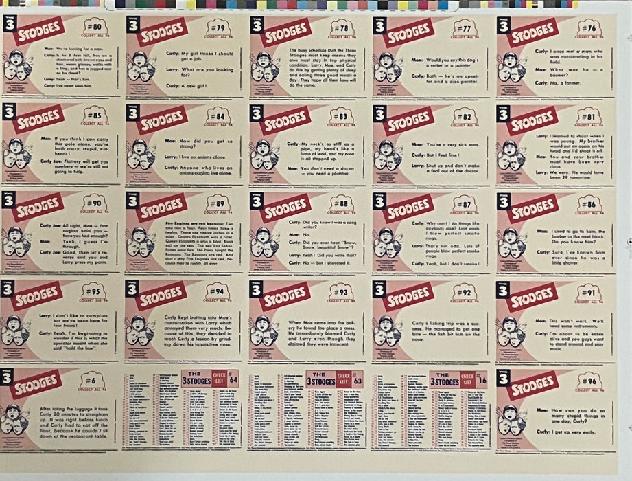 Three Stooges Trading Cards - RR Parks 1959 Reissue Uncut Sheet Set