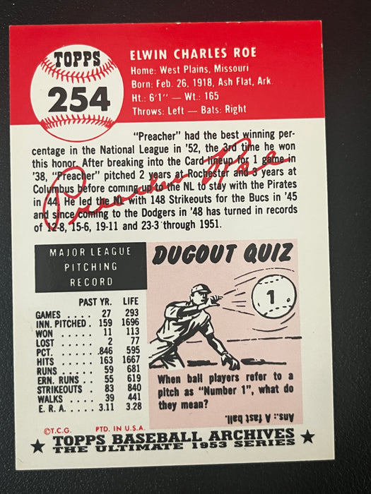 1991 Topps Archives Brooklyn Dodgers Preacher Roe Autographed Trading Card
